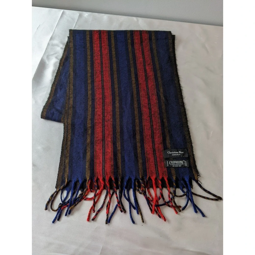 Christian Dior Monsieur Mens Striped Scarf Navy Blue Red Gold Made in England